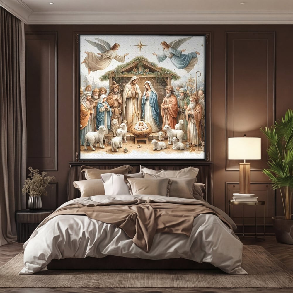 Tablou canvas cu ilustratie religioasa cu scena nasterii domnului, in rama de aluminiu negru, pe perete intr-un dormitor